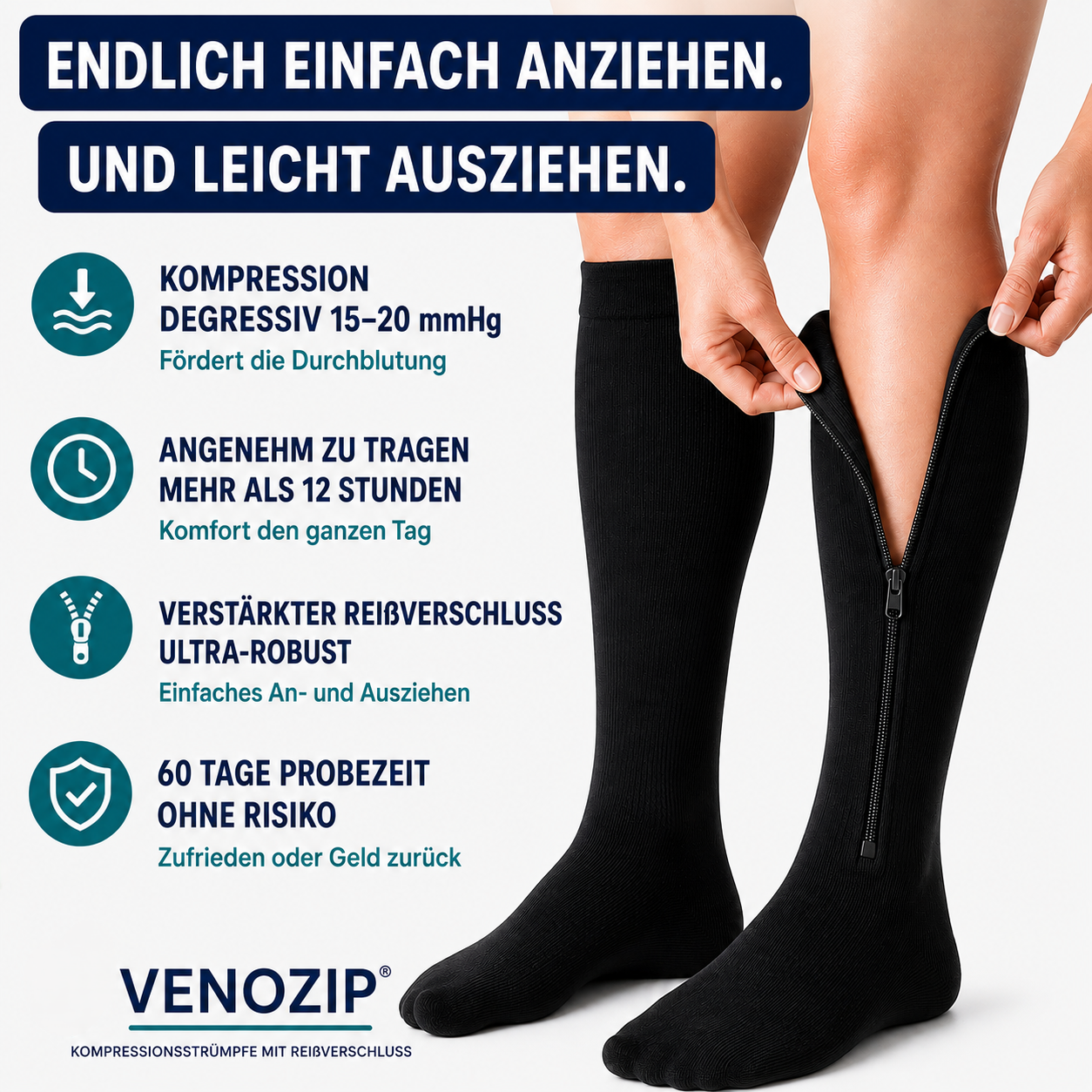 Kompressionsstrümpfe mit Reißverschluss Venozip®